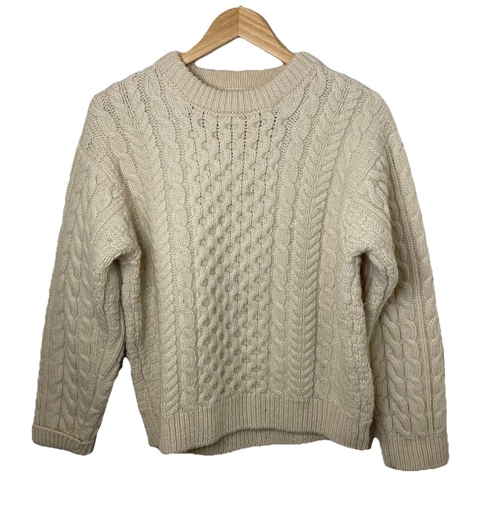VTG LL Bean Wool Fishmeran Irish Cable Knit Short Sweater Women's Medium Large